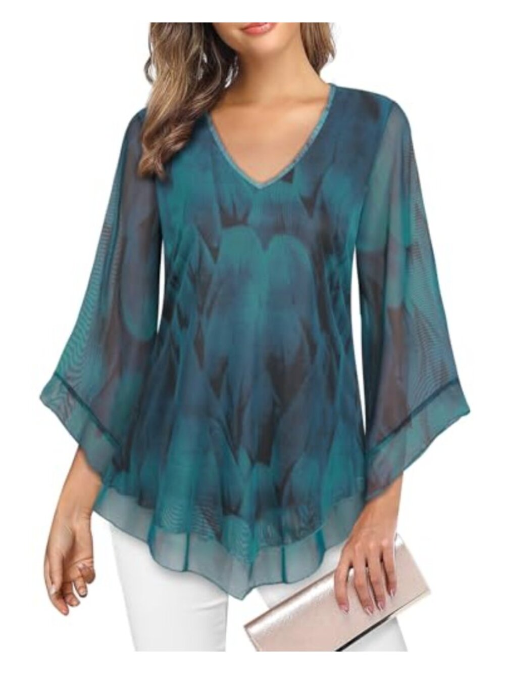 Women's V Neck Mesh Flowy Tunic Peasant Top 3/4 Flared Sleeve Dressy Blouse